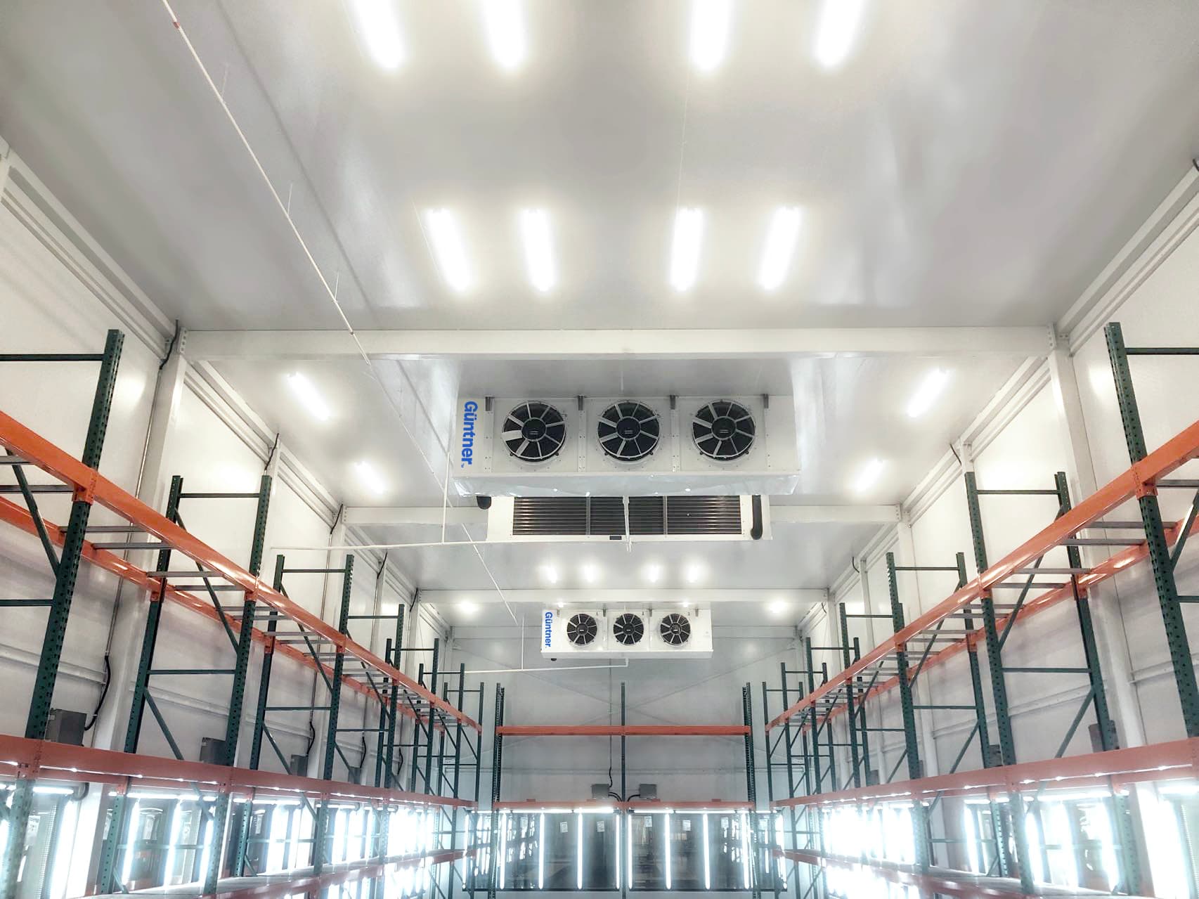 Interior of a cold-storage warehouse: tall green metal racks on both sides, orange beams, and a ceiling unit with three fans labeled Guntner.